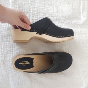 Swedish Hasbeens | Black Leather Clogs | Size 38